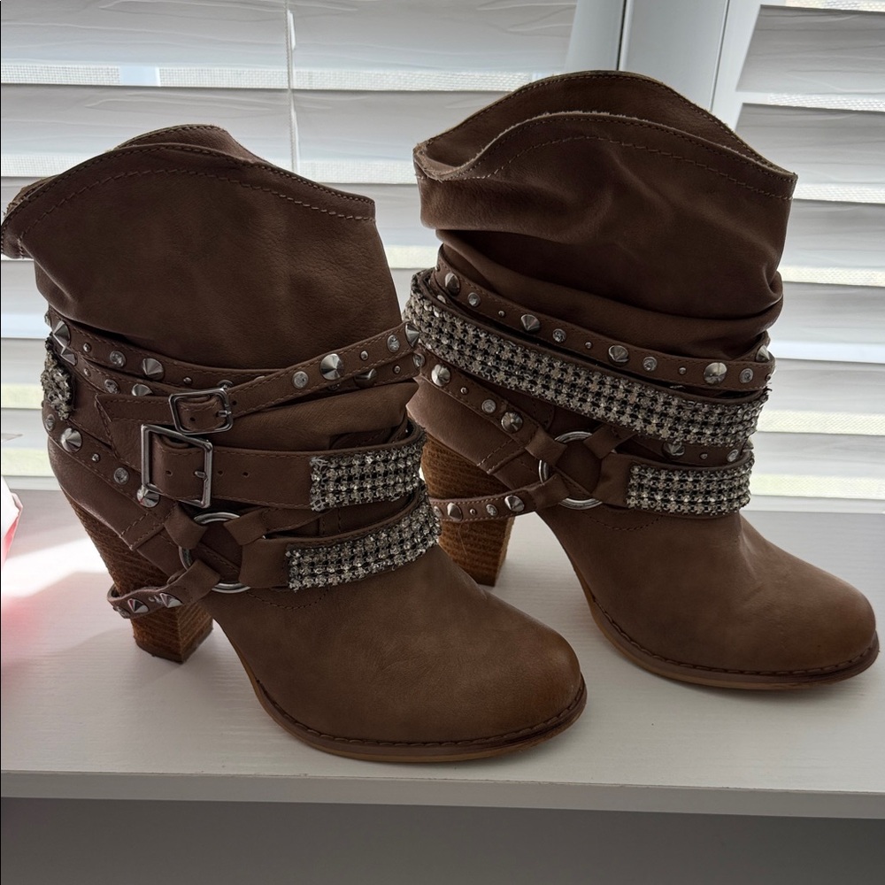 Women’s Brown Studded Slouch Ankle Boots